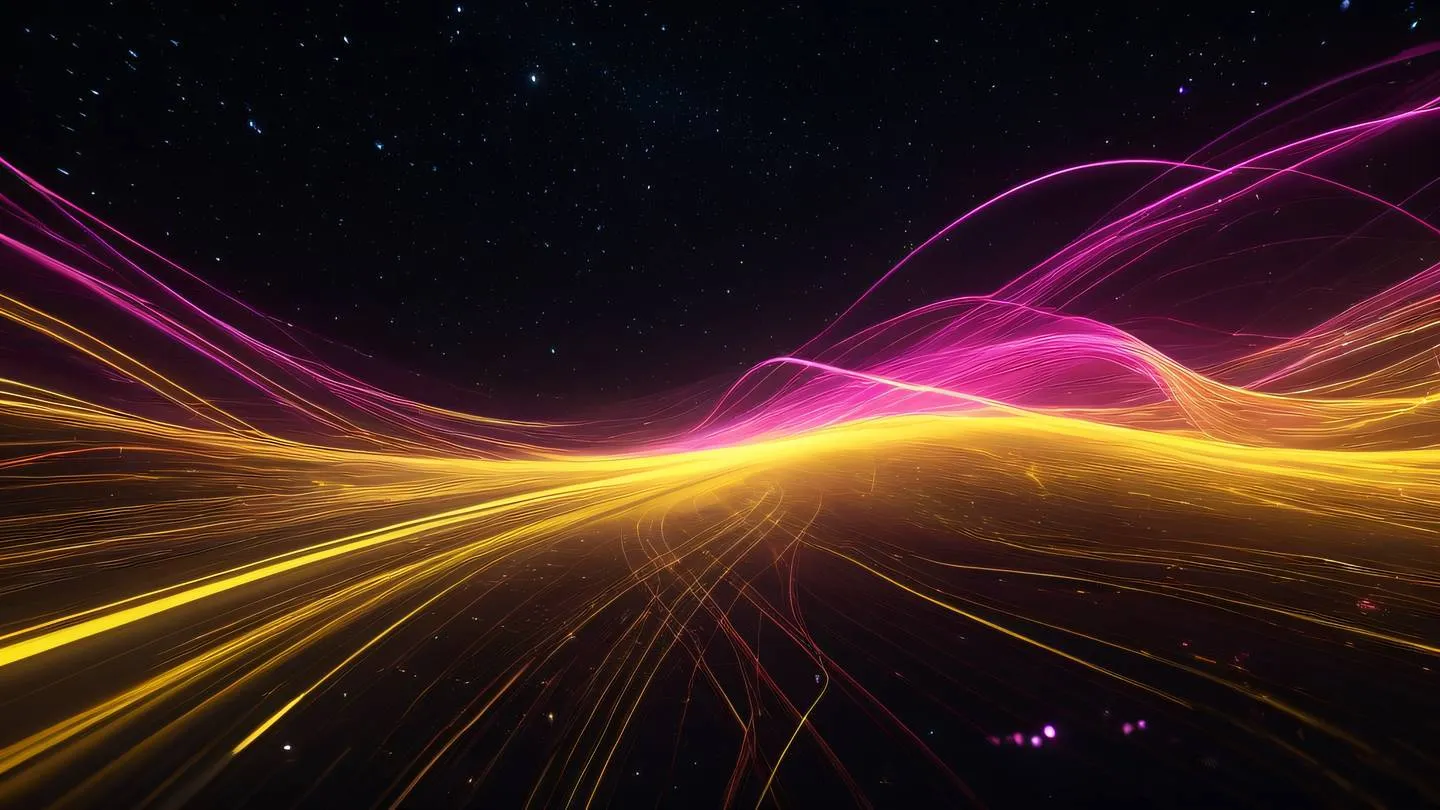 Abstract digital data flow visualization with streaming light trails in mustard yellow and bright pink colors against deep space background geometric patterns high-quality ultra-realistic cinematic 8K UHD high resolution sharp and detail