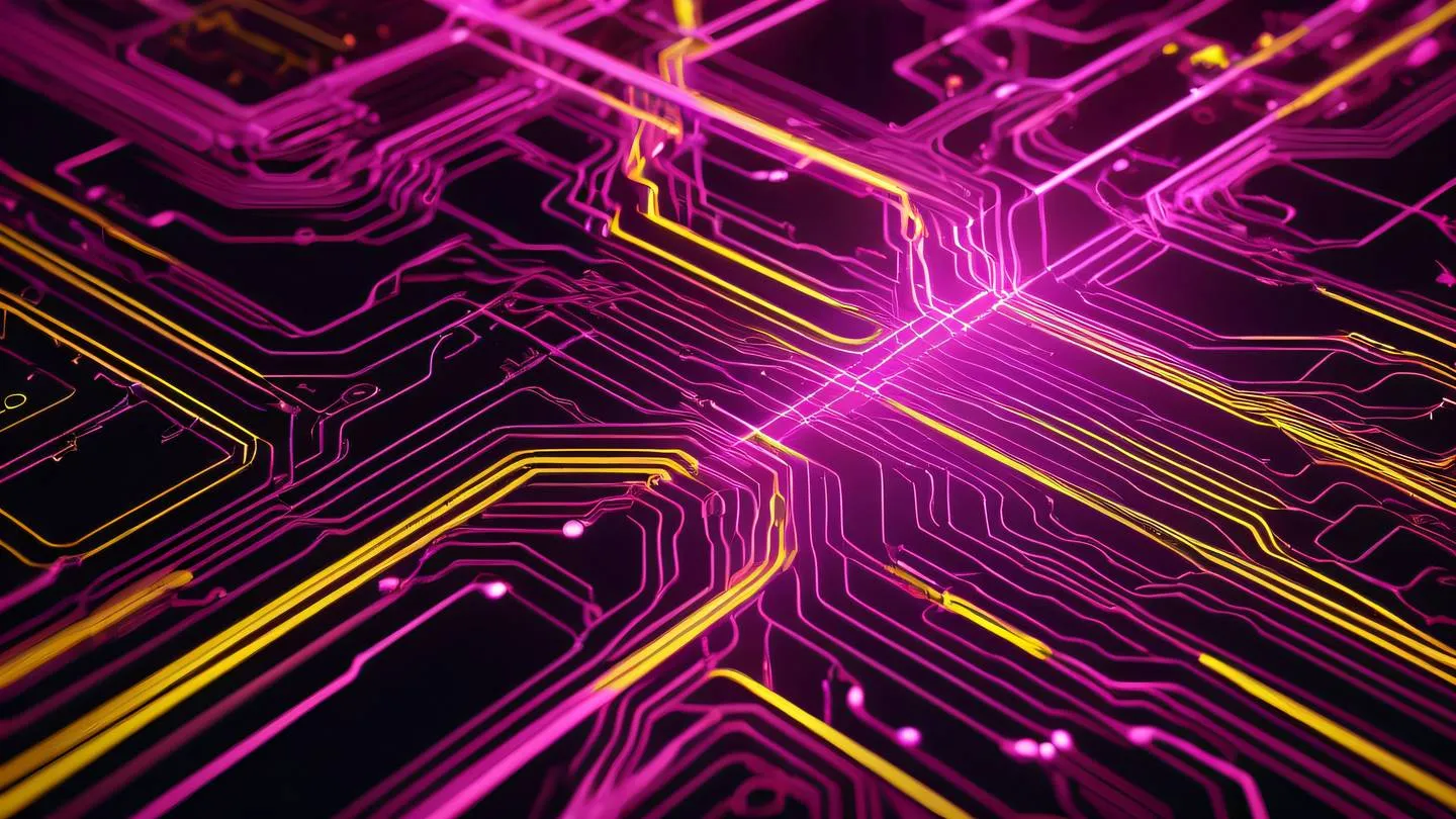 Complex interconnected circuit patterns forming a harmonious network flowing with bright yellow and vivid pink energy streams abstract technological aesthetic ultra-realistic cinematic 8K UHD high resolution sharp and detail