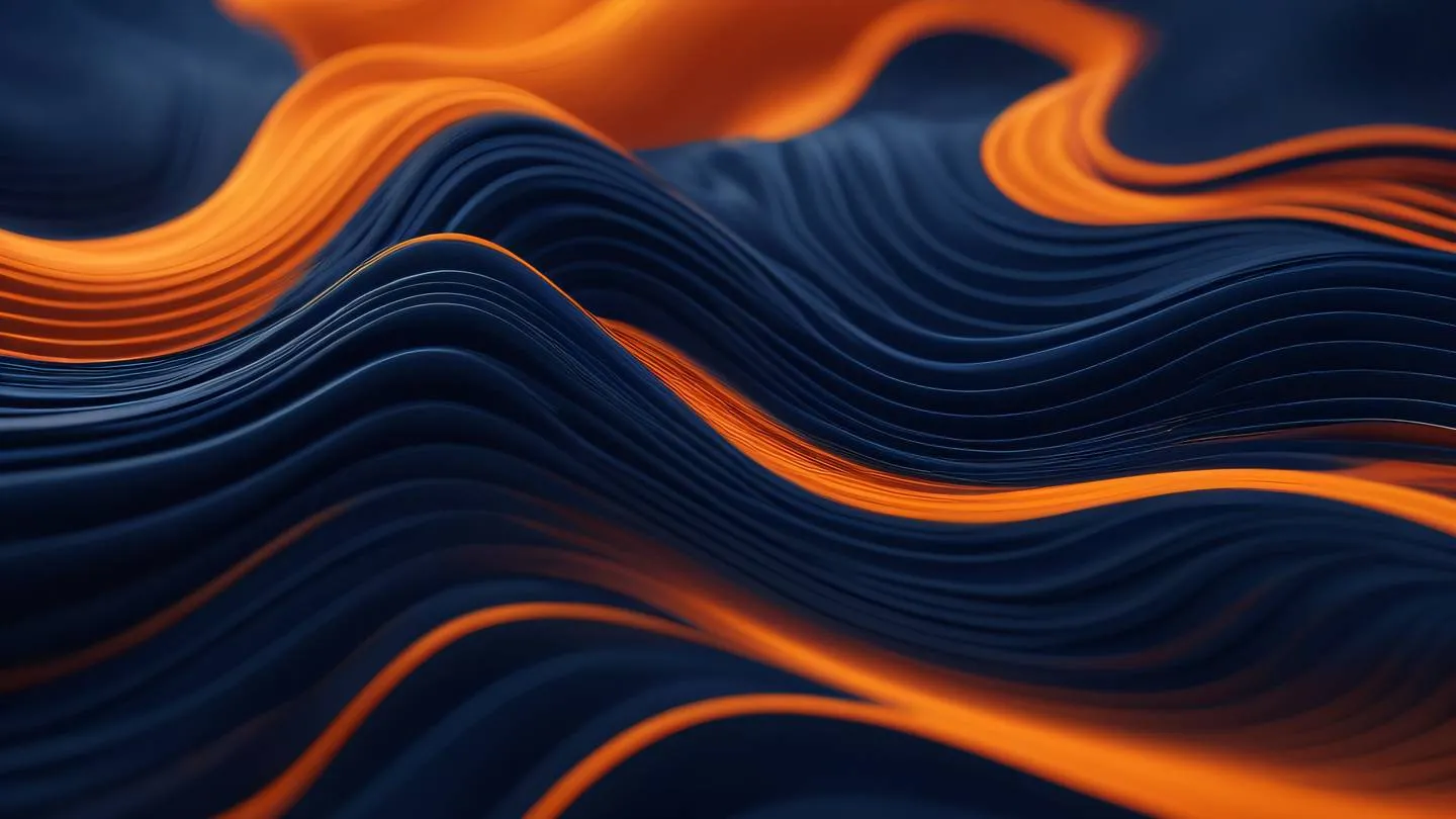 Abstract fluid waves representing data flow in bright orange and navy colors with interweaving patterns suggesting secure connections and encryption ultra-realistic cinematic 8K UHD high resolution sharp and detail