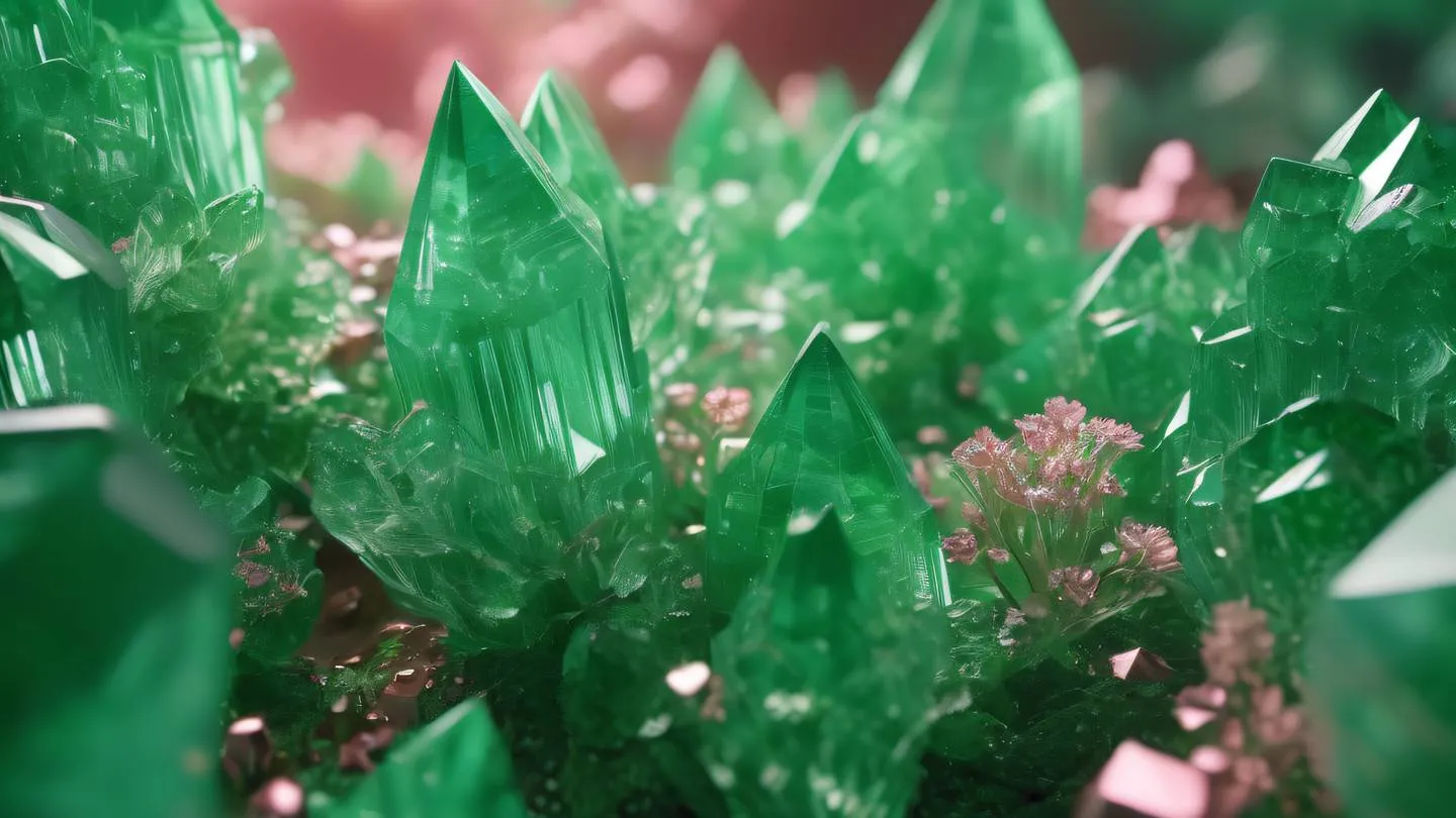 Crystal formations in bright green and rose colors growing in geometric patterns symbolizing secure network architecture high-quality ultra-realistic cinematic 8K UHD high resolution sharp and detail