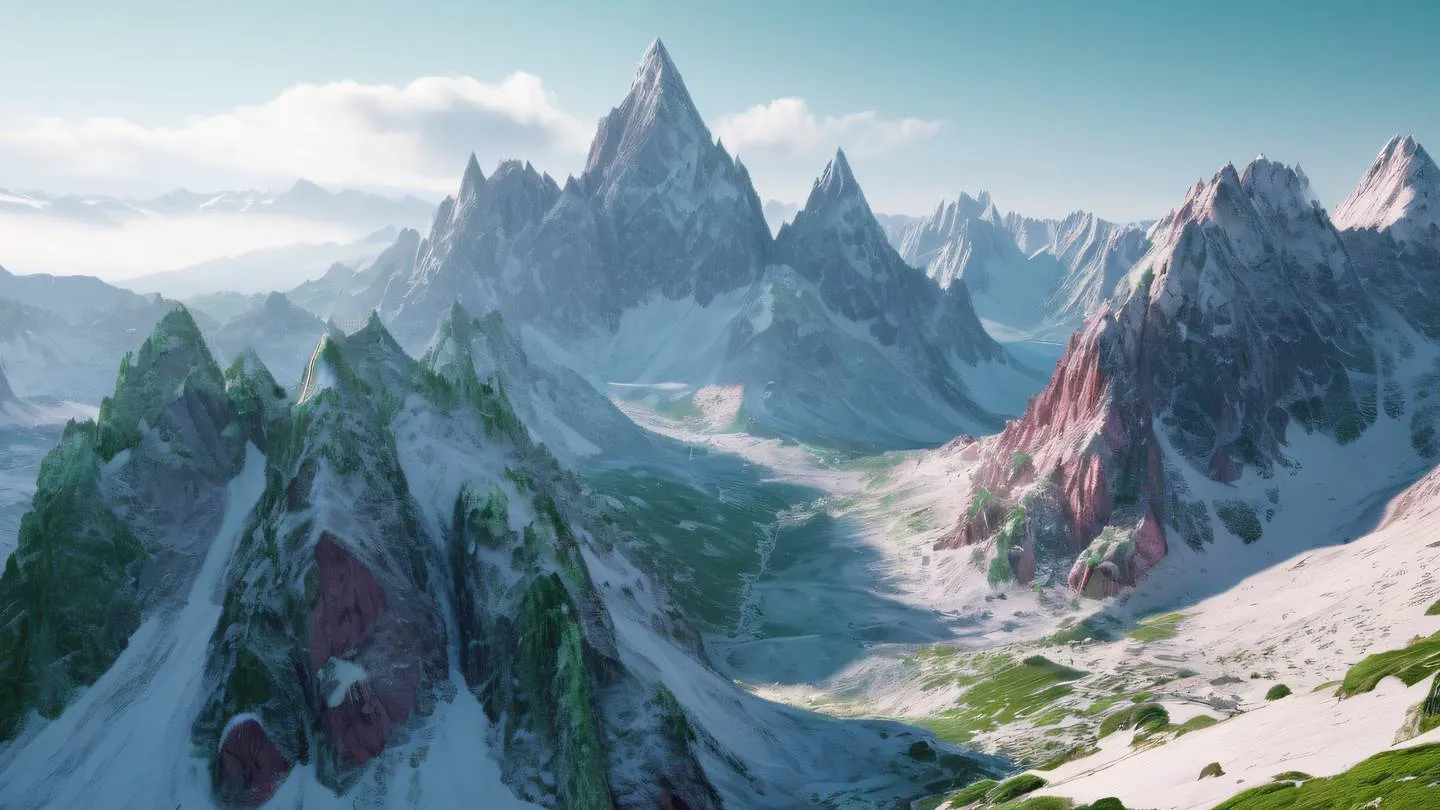 Snowy mountain peaks with crystal formations in bright green and rose colors representing secure and scalable architecture high-quality ultra-realistic cinematic 8K UHD high resolution sharp and detail