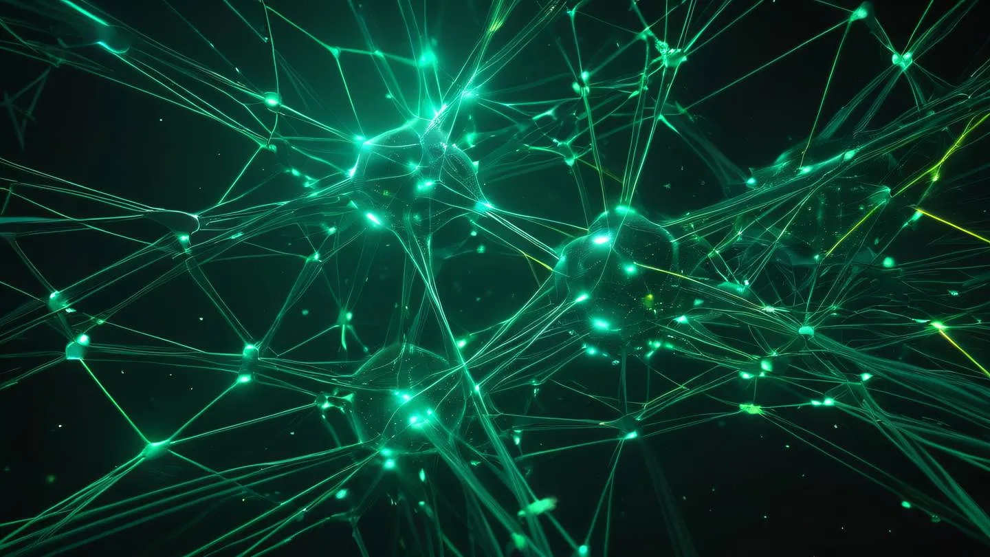 A futuristic network of glowing interconnected nodes floating in space with bright emerald and yellow energy streams flowing between nodes sharp details showing intricate connection patterns high-quality ultra-realistic cinematic 8K UHD high resolution