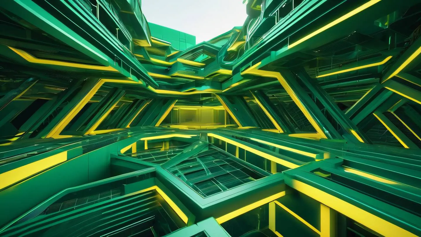 Modern architectural structure with interconnected geometric shapes in emerald and yellow gradient colors representing network architecture with clean lines and flowing forms high-quality ultra-realistic cinematic 8K UHD high resolution