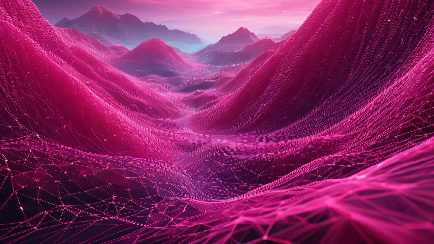 Abstract digital landscape with flowing data streams and geometric patterns in bright pink and gem tones representing network connectivity with intricate details and layered complexity high-quality ultra-realistic cinematic 8K UHD high resolution