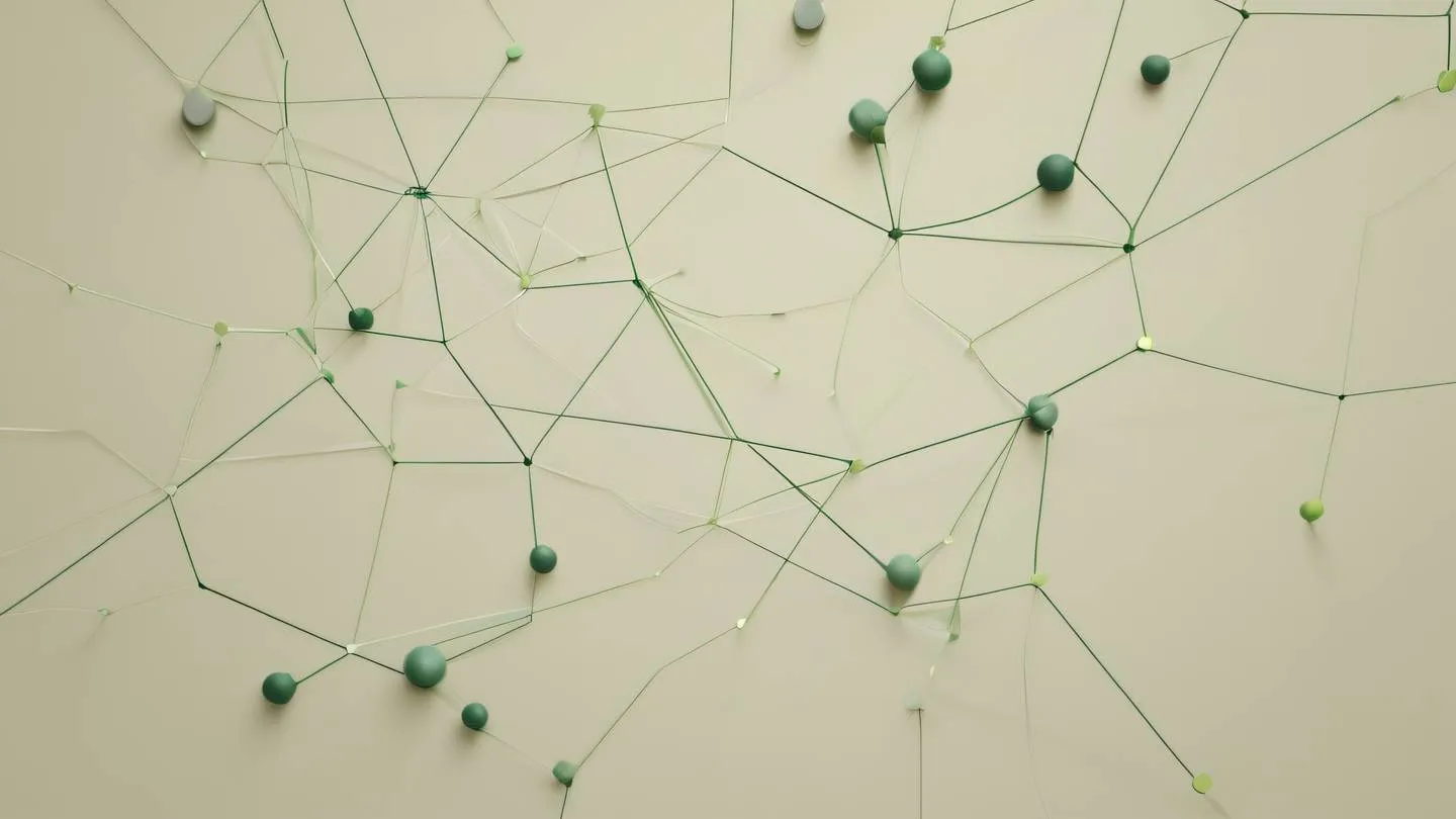 A serene abstract representation of disconnected network nodes featuring floating geometric shapes in sage green and pine green tones scattered across a natural beige background captured from a top-down perspective high-quality ultra-realistic cinematic 8K UHD high resolution sharp and detail