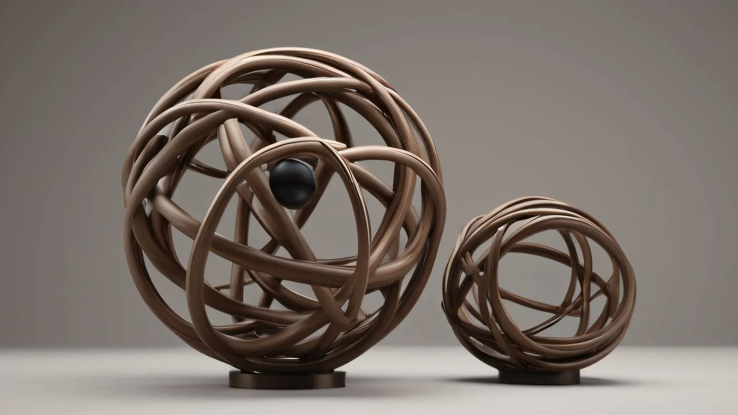 A minimalist clay sculpture of interconnected spheres and tubes in walnut and iron colors photographed from a low angle with soft shadows high-quality ultra-realistic cinematic 8K UHD high resolution sharp and detail