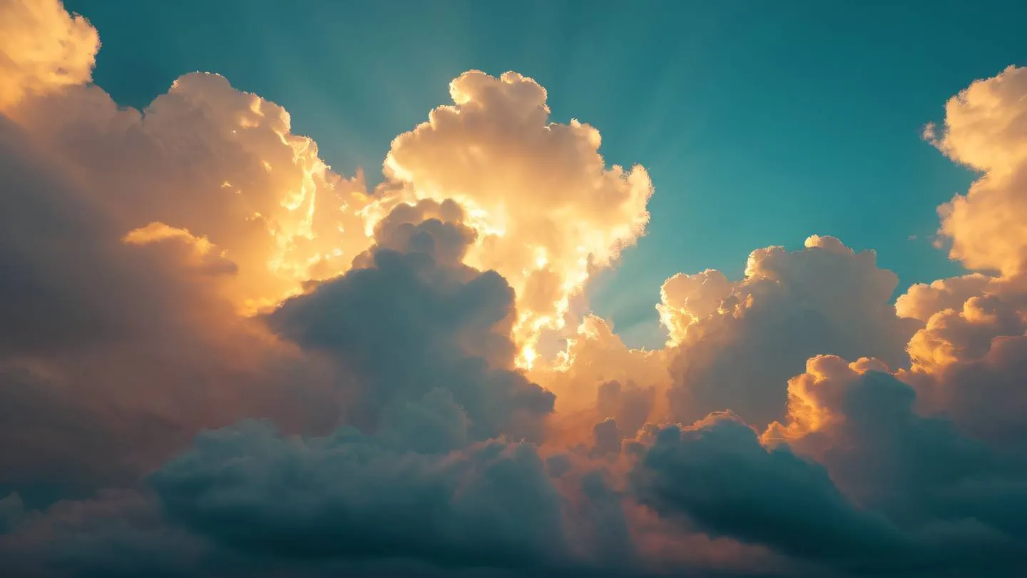 Cloud formations at sunset creating natural abstract patterns in bright natural golden and turquoise colors shot from below looking up at the sky high-quality ultra-realistic cinematic 8K UHD high resolution sharp and detail