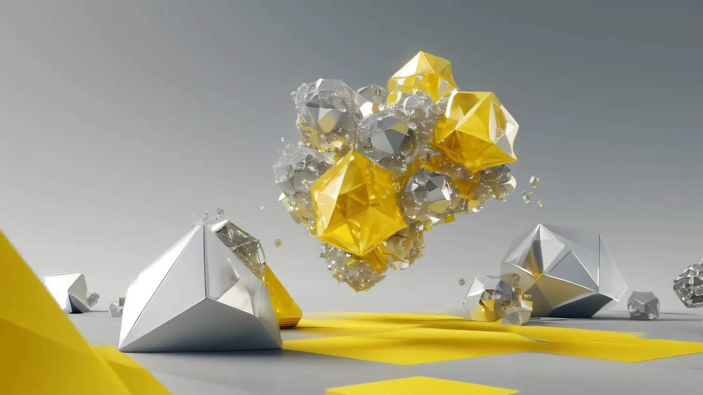 A modern abstract geometric composition representing technology optimization featuring floating crystalline structures in bright yellow and zinc tones against a neutral background ultra-realistic cinematic 8K UHD high resolution sharp and detailed