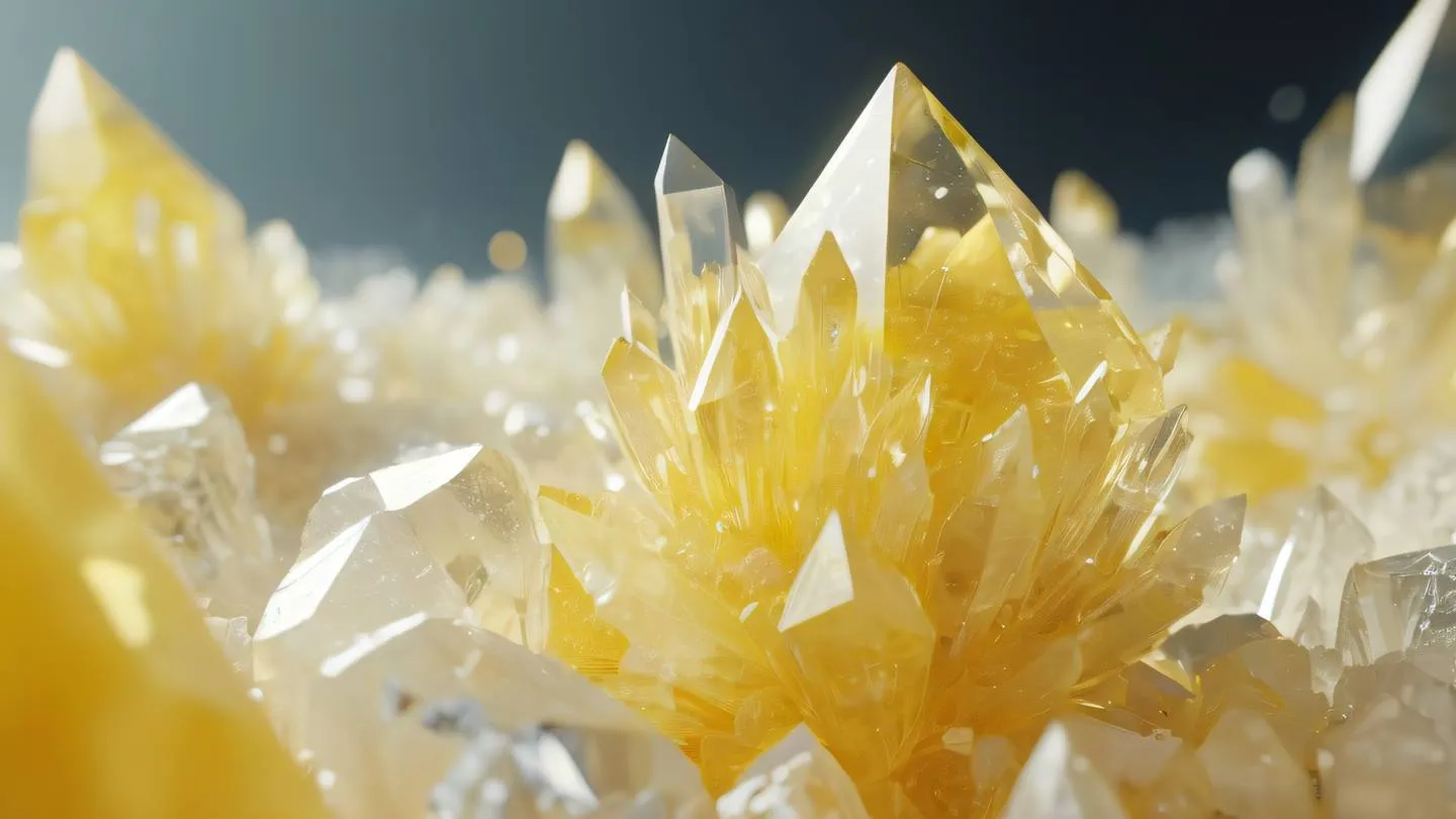 Abstract crystal formations in bright creamy and yellow colors representing data caching and storage with geometric patterns flowing through transparent structures high-quality ultra-realistic cinematic 8K UHD