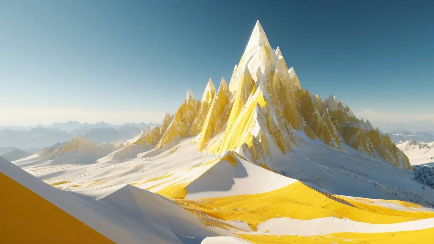 Abstract geometric mountains in bright yellow and creamy colors with crystalline structures emerging from peaks representing growth and optimization high-quality ultra-realistic cinematic 8K UHD