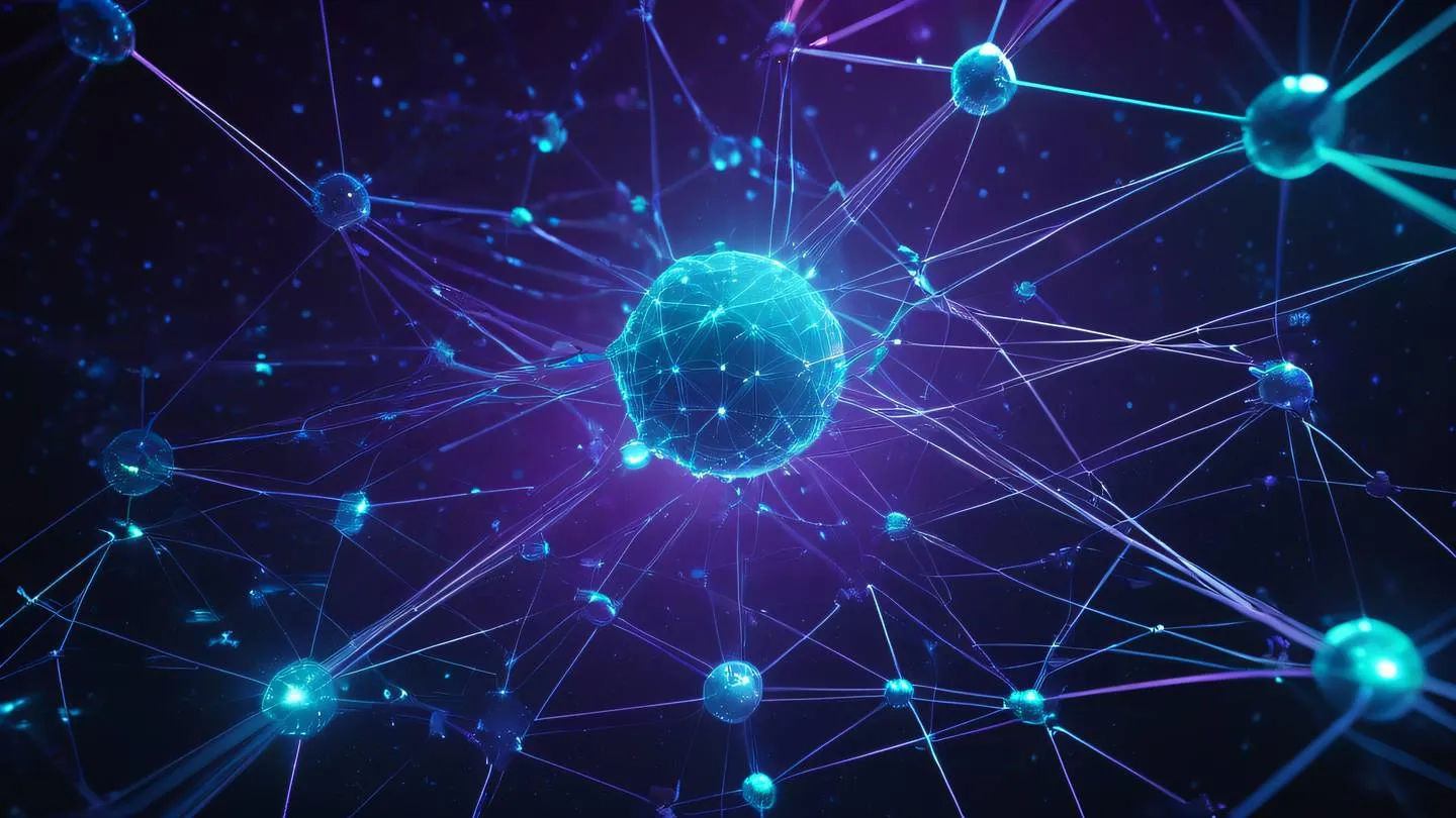 A futuristic tech network visualization with interconnected nodes floating in space geometric patterns in bright violet and cyan colors abstract technological concept ultra-realistic cinematic 8K UHD high resolution sharp and detailed