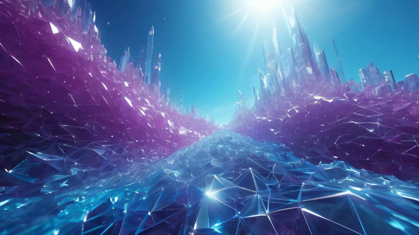 Abstract geometric patterns representing data flow with interconnected crystalline structures in bright sky blue and gem-like purple tones flowing energy streams high-quality ultra-realistic cinematic 8K UHD high resolution sharp and detailed