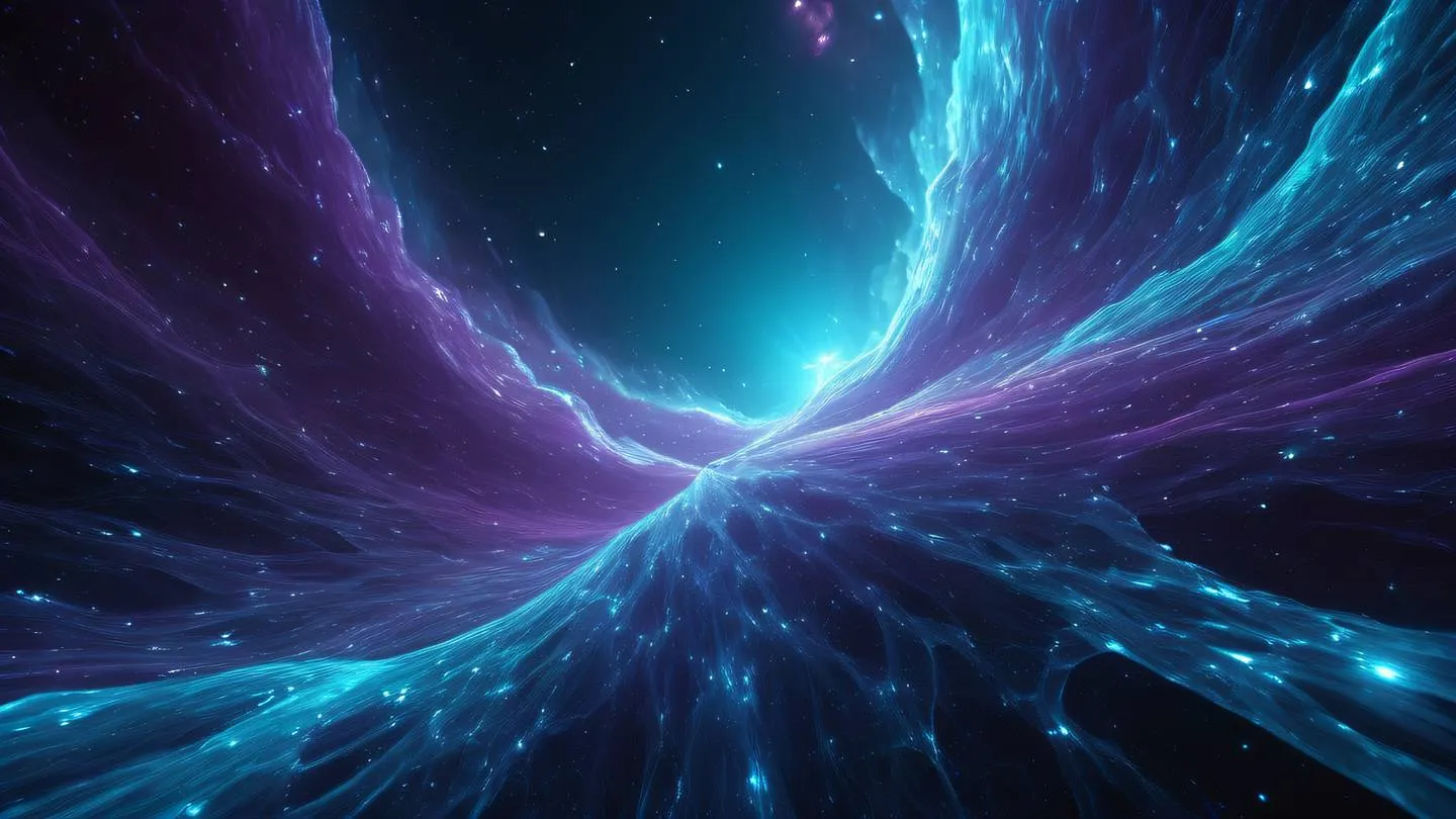 Dynamic flowing streams of energy forming complex patterns featuring bright cyan and violet crystalline formations against a deep space background representing data flow and connectivity high-quality ultra-realistic cinematic 8K UHD high resolution sharp and detailed