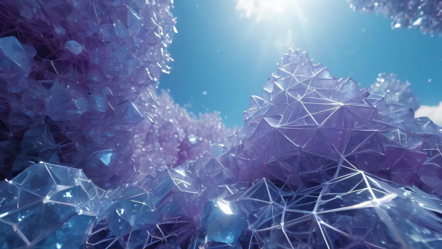 Crystalline structures forming a complex network pattern with bright gem-like formations in sky blue and violet colors elegant and minimal technological concept high-quality ultra-realistic cinematic 8K UHD high resolution sharp and detailed