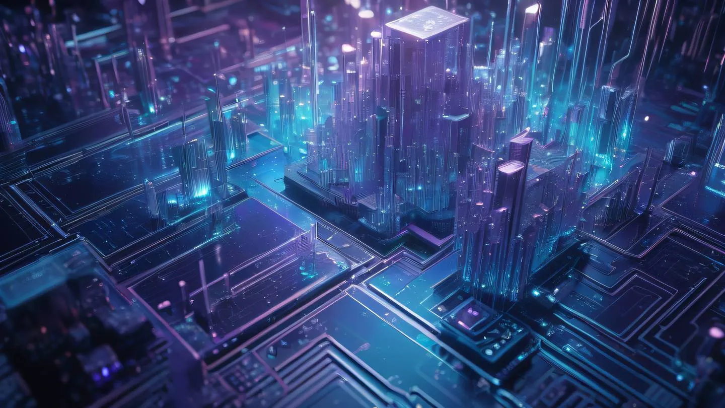 A mystical tech landscape with floating geometric crystals and circuits in pale iridescent blues and purples high-quality ultra-realistic cinematic 8K UHD high resolution sharp and detail