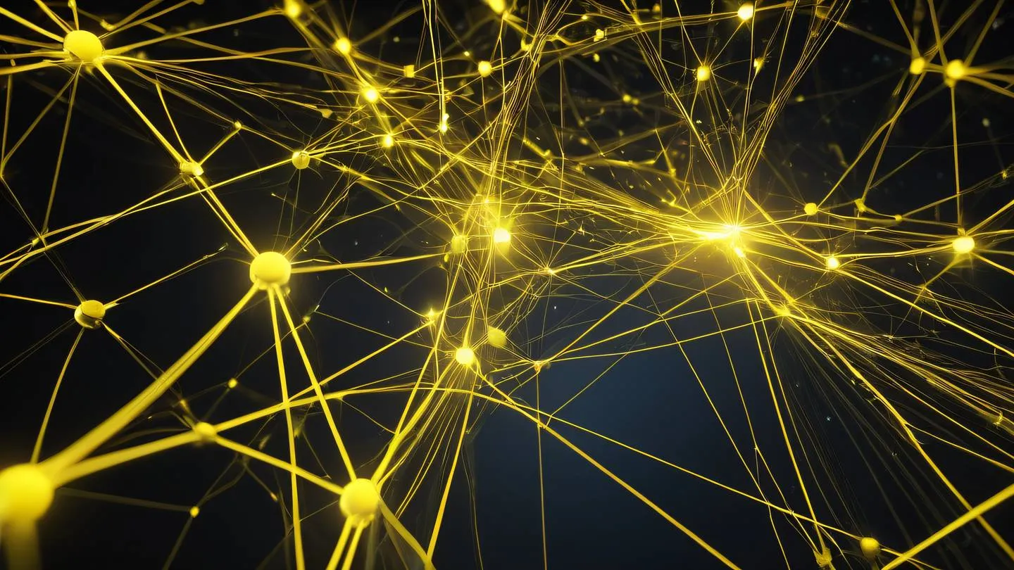 Abstract technology network visualization with shimmering yellow and white energy flows nodes connected by light streams high-quality ultra-realistic cinematic 8K UHD high resolution sharp and detail