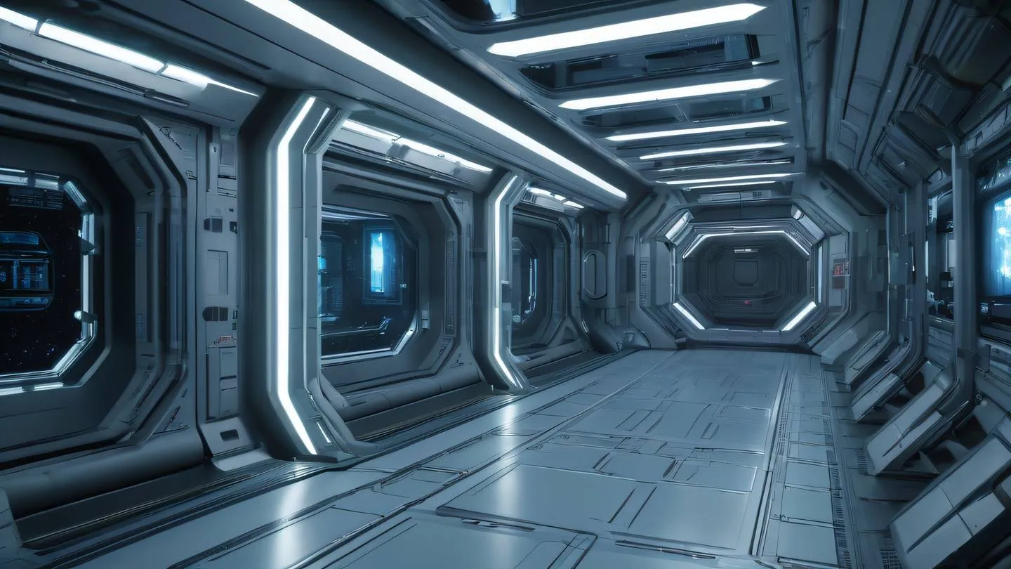 Futuristic space station interior with pale iridescent lights reflecting off metallic surfaces high-quality ultra-realistic cinematic 8K UHD high resolution sharp and detail