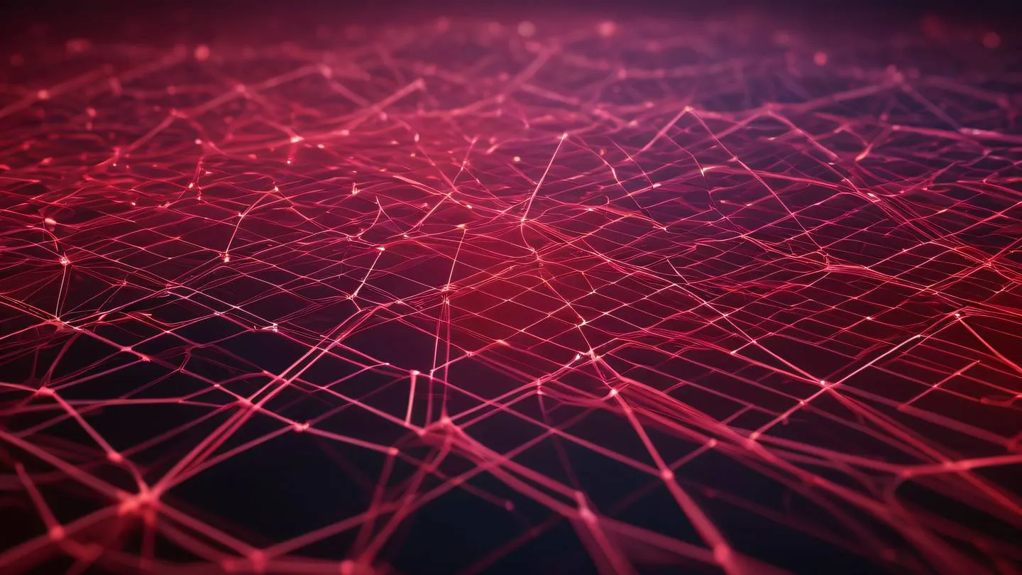 Abstract geometric pattern showing interconnected nodes and pathways in bright red and rose colors representing data flow and error handling high-quality ultra-realistic cinematic 8K UHD