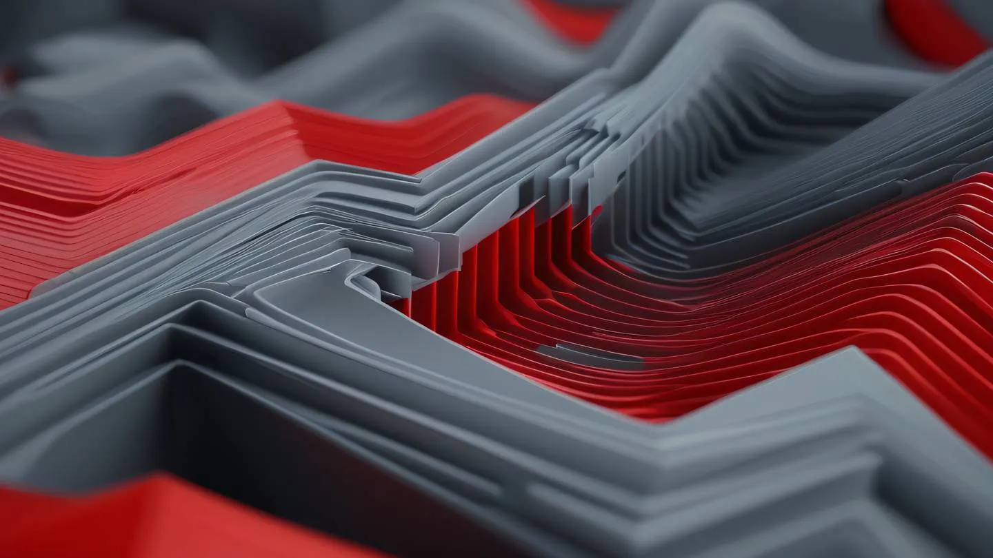 Flowing abstract patterns representing error boundaries and protection layers with bright red and gray geometric shapes high-quality cinematic 8K sharp detail