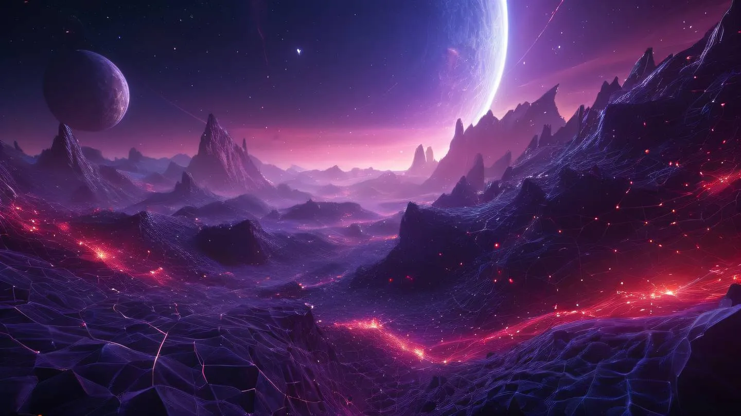 A mystical digital landscape with interconnected nodes floating in space featuring glowing violet and bright red energy streams connecting crystalline structures ultra-realistic cinematic 8K high resolution sharp detail