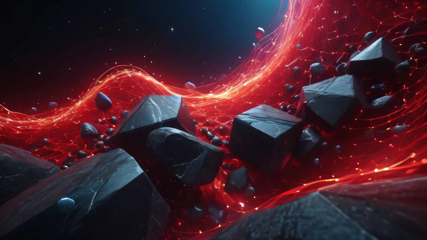 Dynamic abstract composition of interconnected geometric shapes with bright stone and red colors flowing energy streams cosmic background high-quality ultra-realistic cinematic UHD