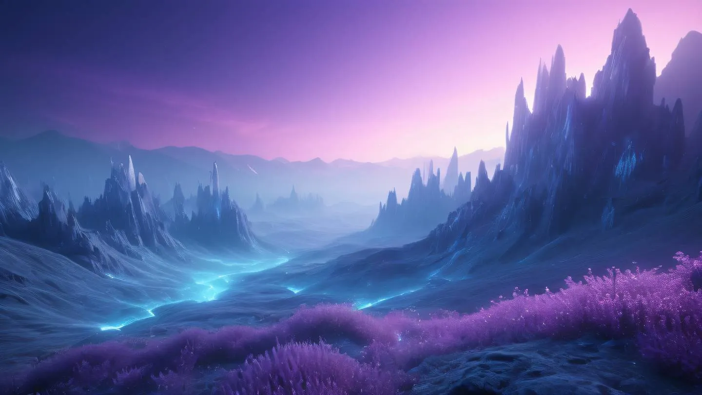 Ethereal digital landscape with crystalline formations emerging from mist featuring bright violet and sky blue light streams abstract technological patterns high-quality ultra-realistic cinematic 8K UHD