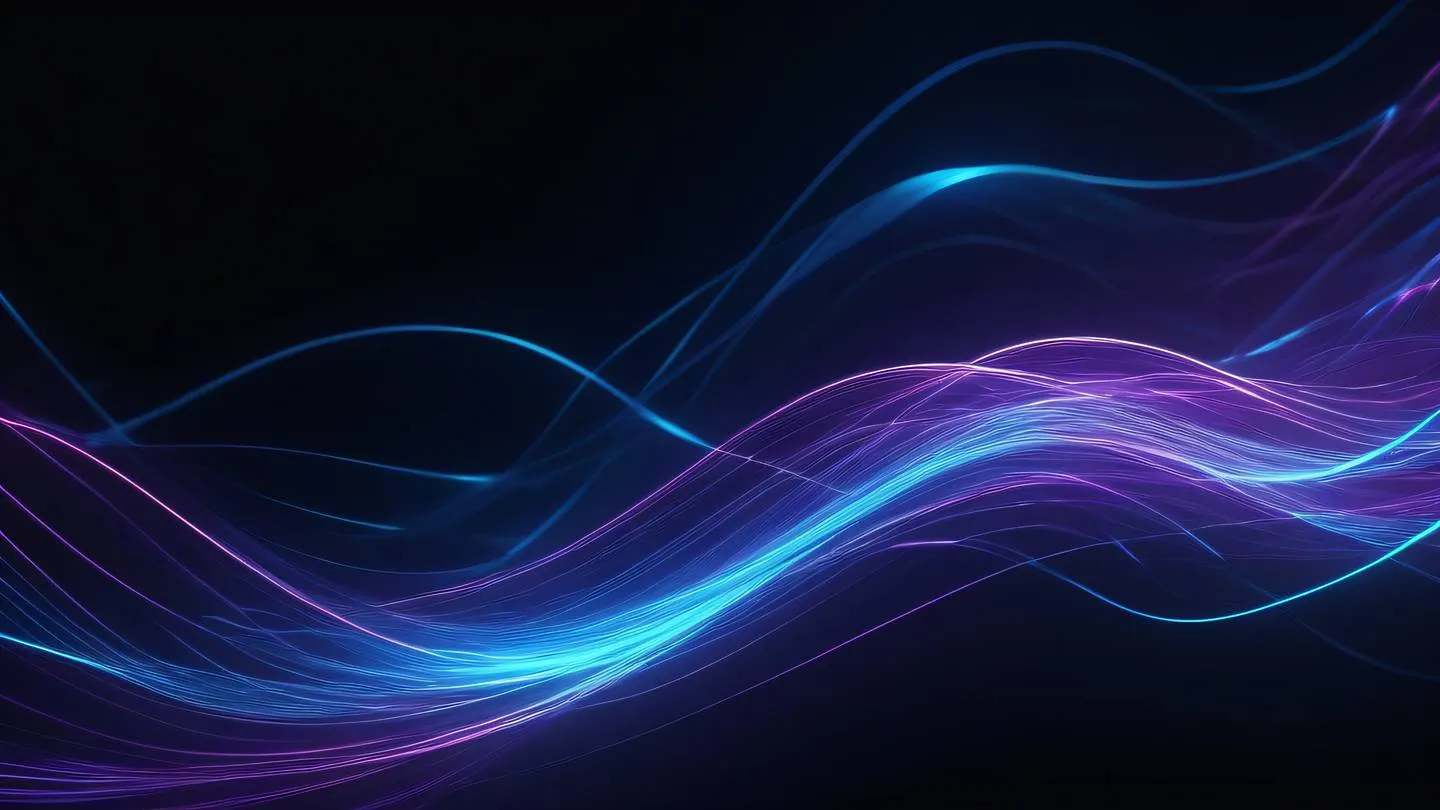 A flowing abstract digital stream visualization with interweaving neon blue and purple light trails against a dark background representing data flow and stream processing high-quality ultra-realistic cinematic 8K UHD high resolution sharp and detail