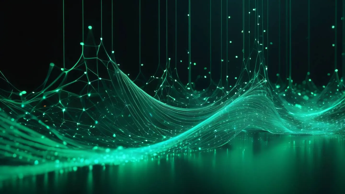 Abstract 3D render of flowing geometric particles in emerald green and cyan representing digital data streams in motion with glowing elements against a dark environment high-quality ultra-realistic cinematic 8K UHD high resolution sharp and detail