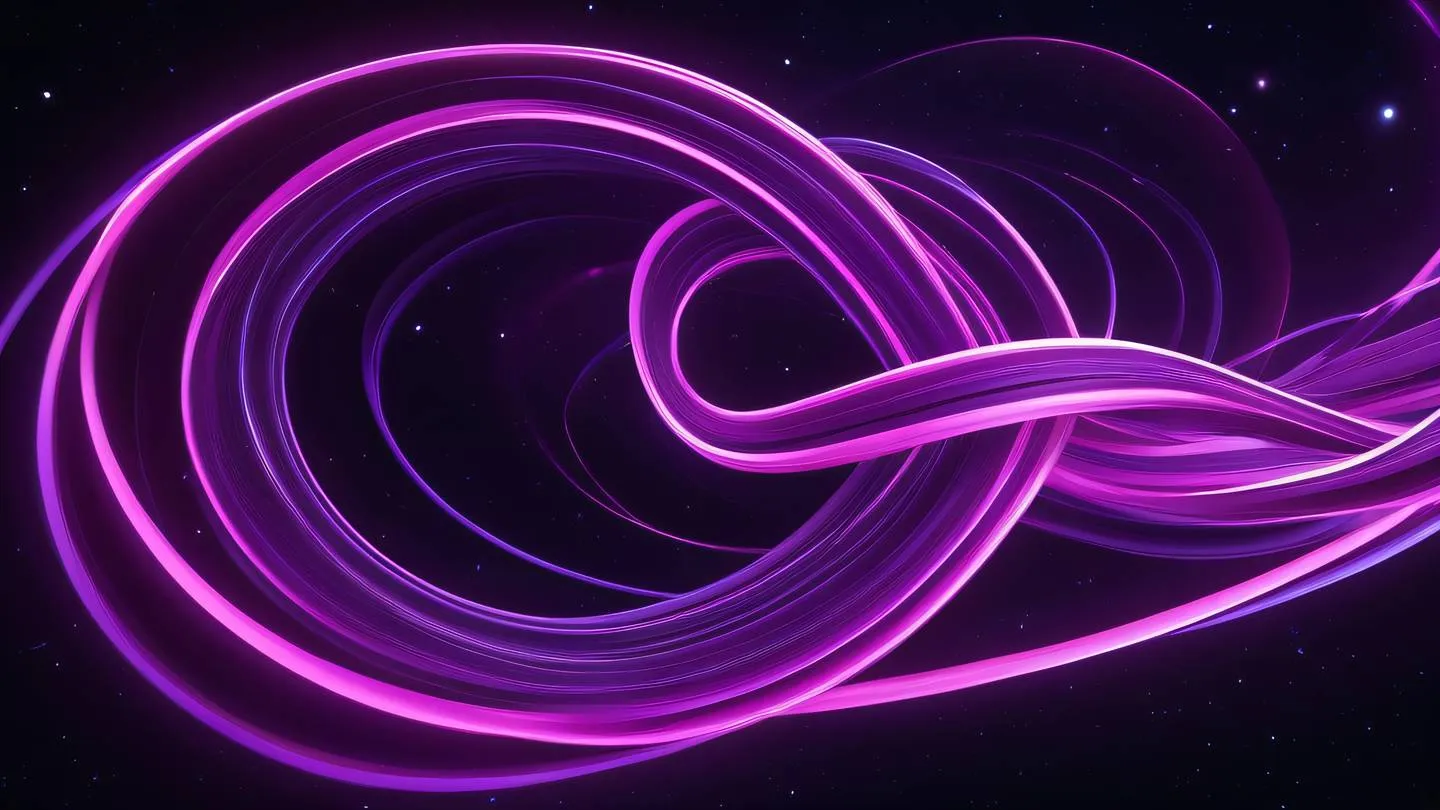 Dynamic abstract composition of flowing neon purple and pink ribbons intertwining in a spiral pattern suggesting data transformation and flow set against a deep space background high-quality ultra-realistic cinematic 8K UHD high resolution sharp and detail