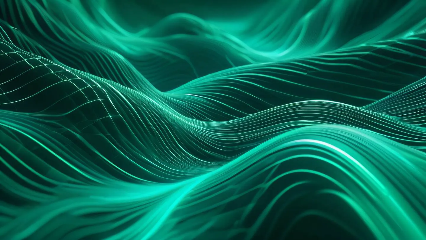 Abstract 3D visualization of interconnected streams in bright emerald and turquoise colors flowing through a digital landscape with geometric patterns suggesting data transformation and processing high-quality ultra-realistic cinematic 8K UHD high resolution sharp and detail