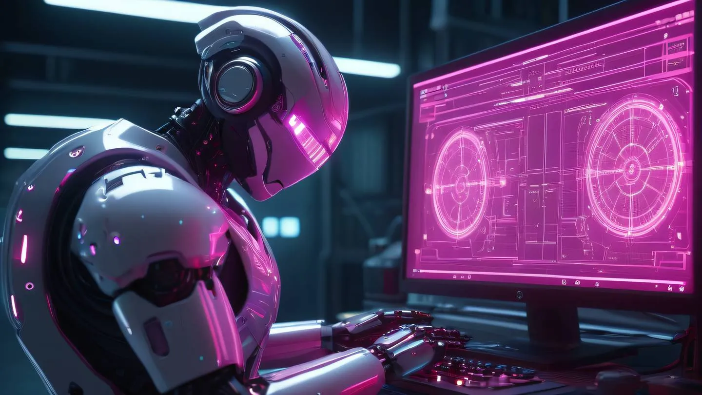 A futuristic robot mechanic analyzing complex machinery with glowing circuit patterns in iridescent and bright pink colors ultra-realistic cinematic 8K high resolution sharp detail