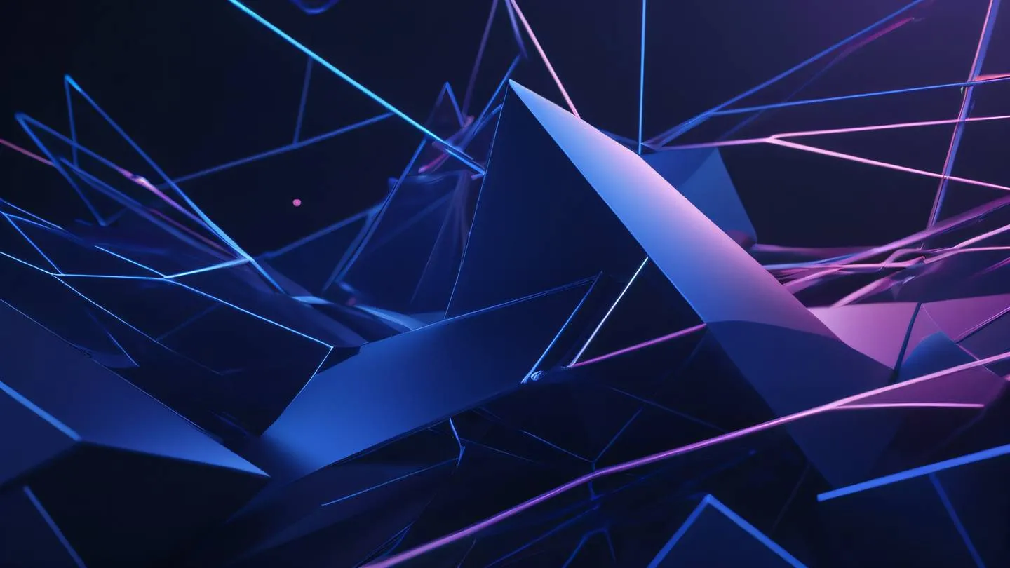 Abstract 3D render of interconnected geometric shapes flowing through space featuring bright navy blue and iridescent colors high-quality ultra-realistic 8K sharp and detail