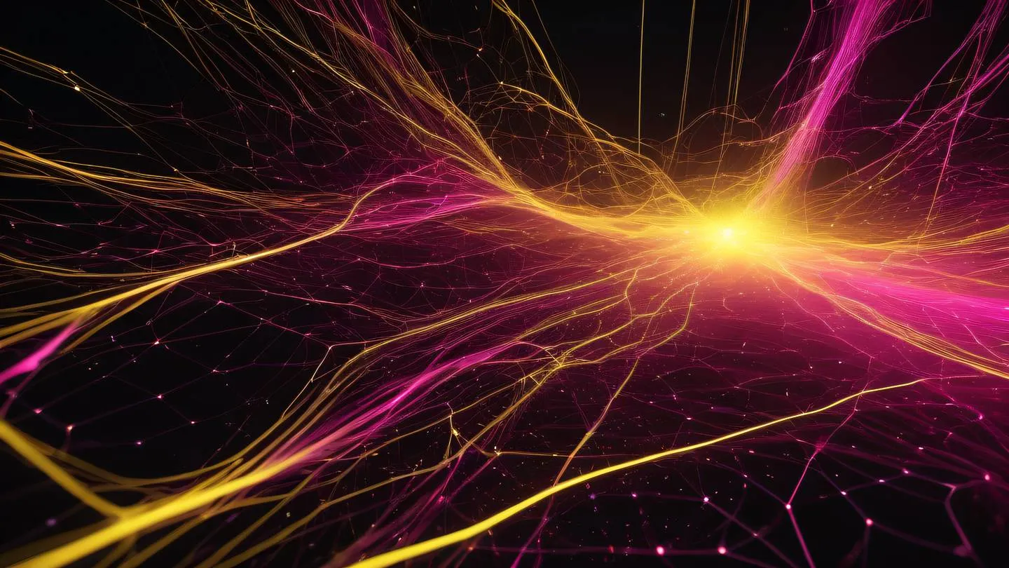 A complex network of glowing energy streams in bright mustard and pink colors flowing through a dark void resembling data visualization ultra-realistic cinematic 8K UHD