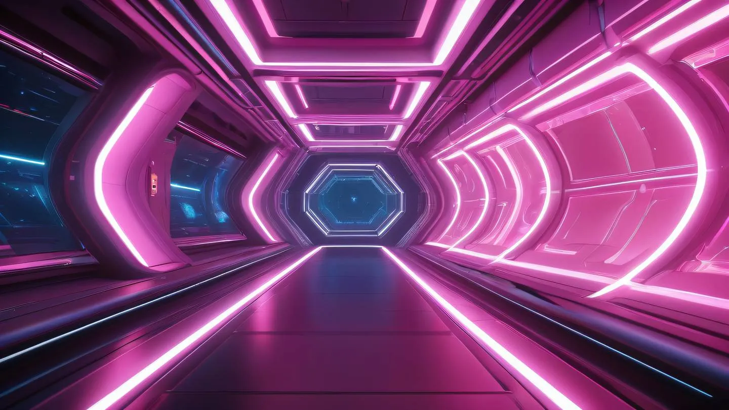 Abstract geometric patterns forming a space station interior with bright iridescent and pink color scheme featuring flowing light trails ultra-realistic cinematic 8K high resolution