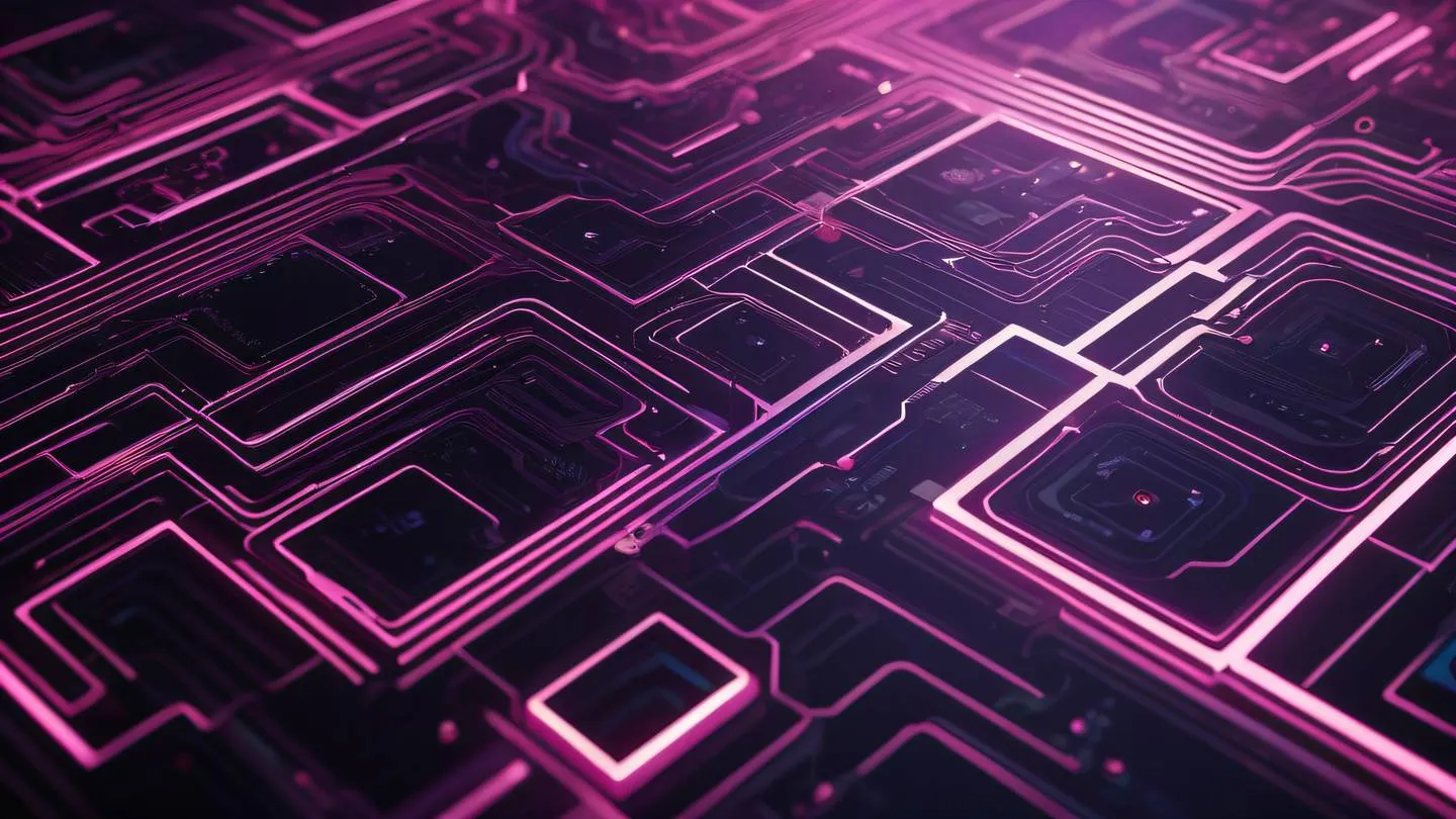 A modern abstract tech pattern with flowing geometric shapes and circuits in iridescent and pink colors ultra-realistic cinematic 8K UHD high resolution sharp and detailed