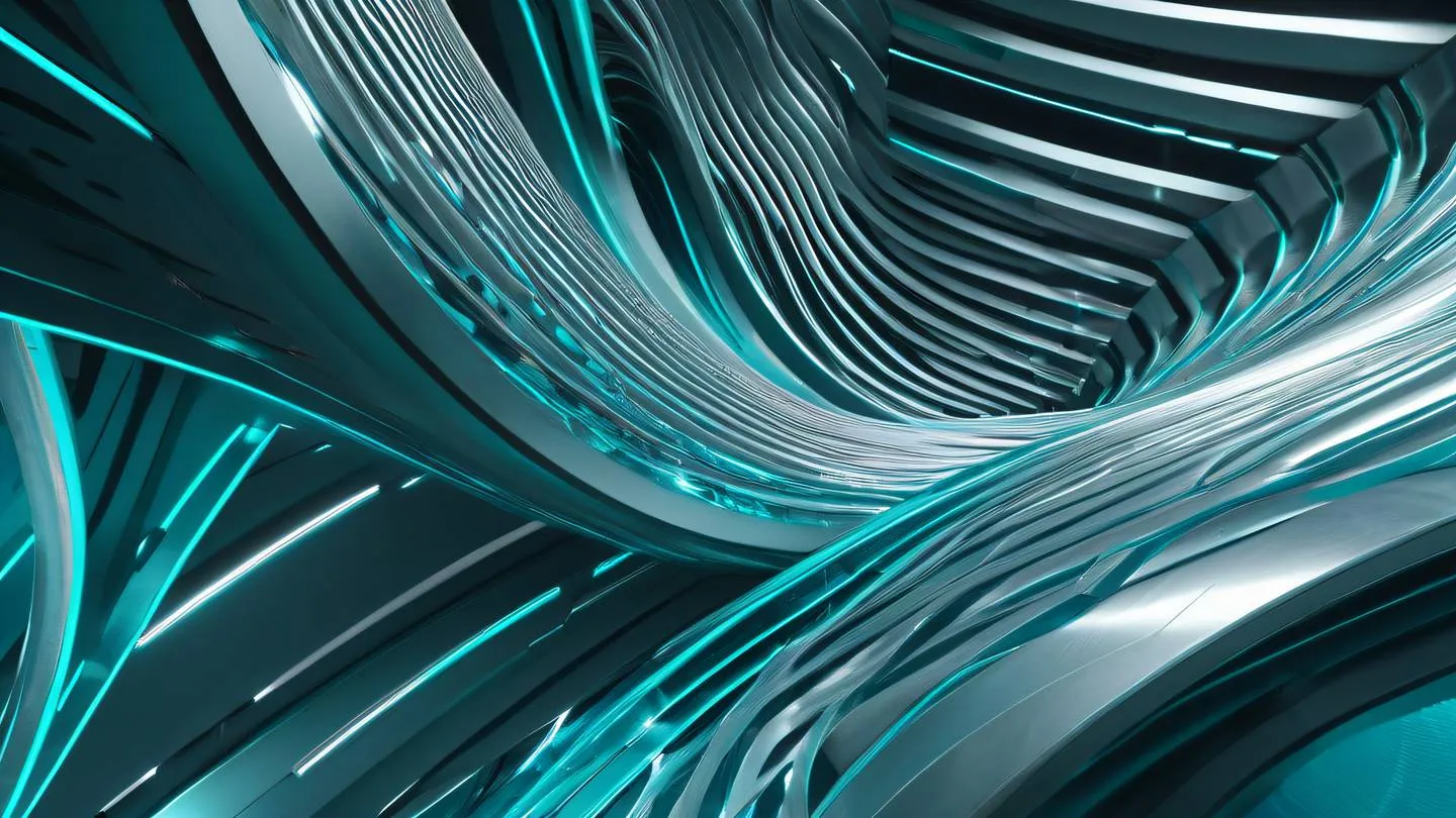 A modern abstract architectural structure with flowing curves and geometric patterns featuring metallic silver and bright turquoise colors shot from a low upward angle with dramatic lighting creating a sense of validation and structure high-quality ultra-realistic cinematic 8K UHD high resolution sharp and detail