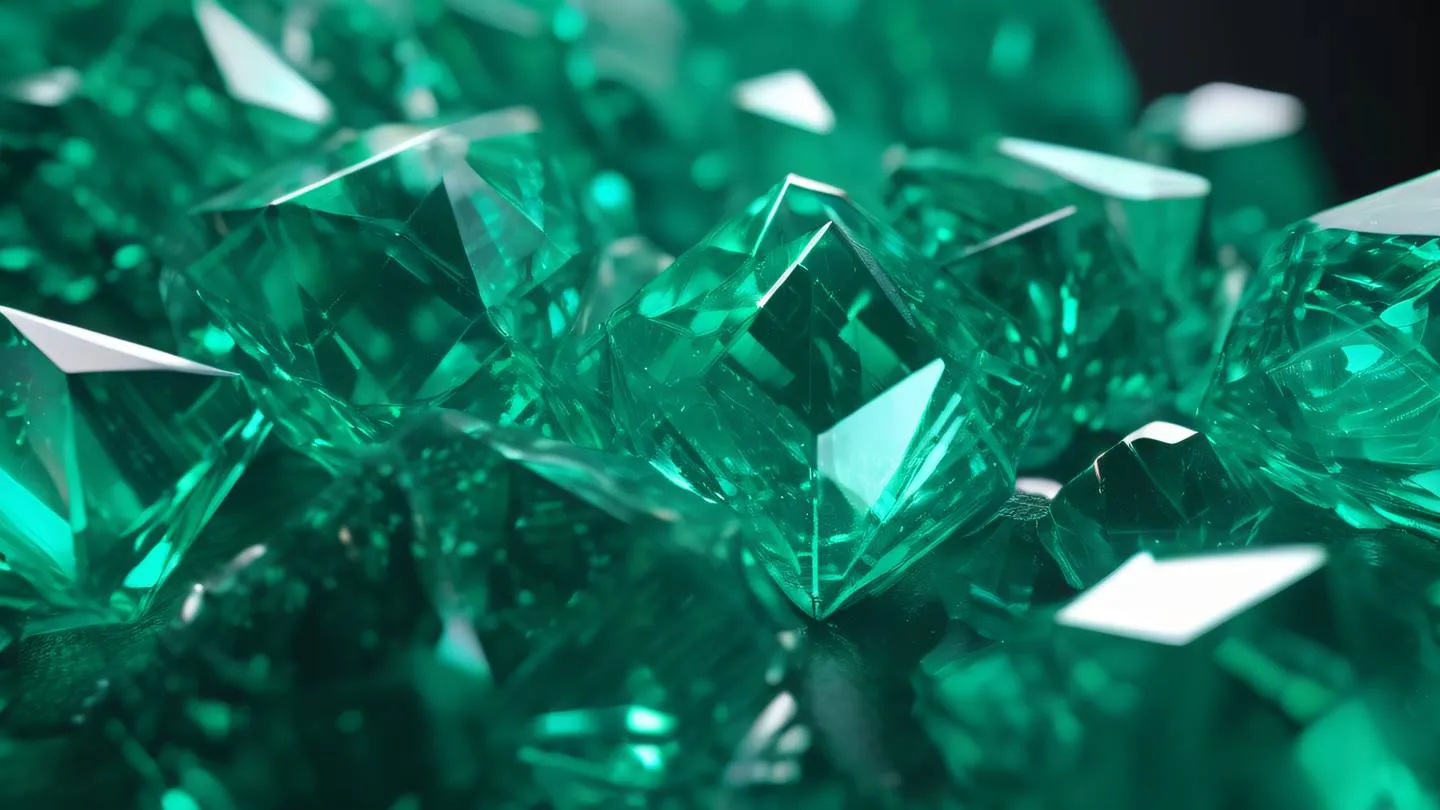 A series of interconnected crystalline gem structures in bright emerald and sapphire colors photographed from a diagonal angle with depth of field representing schema relationships high-quality ultra-realistic cinematic 8K UHD high resolution sharp and detail