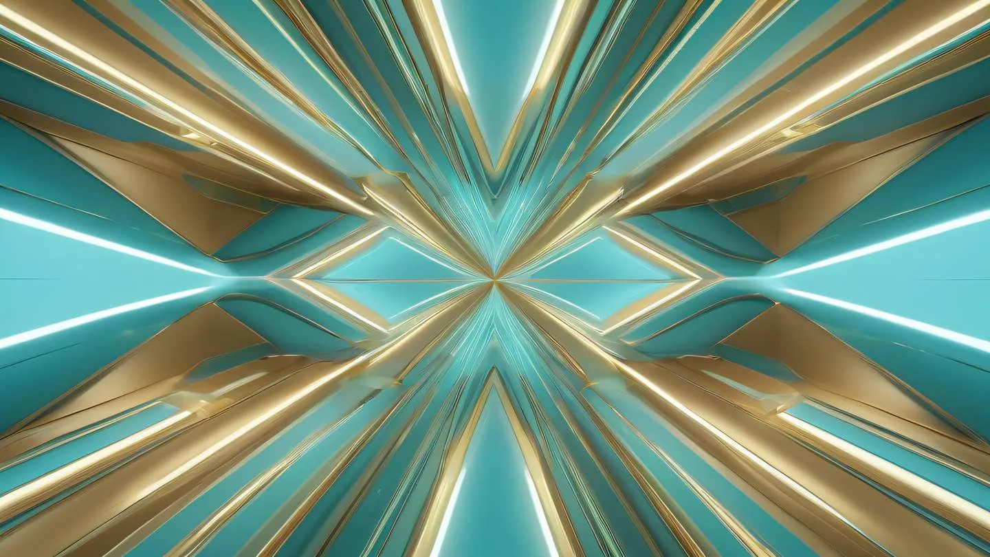 An elegant space-inspired abstract composition with floating geometric shapes in pale gold and bright cyan colors shot from a straight-on perspective with perfect symmetry high-quality ultra-realistic cinematic 8K UHD high resolution sharp and detail