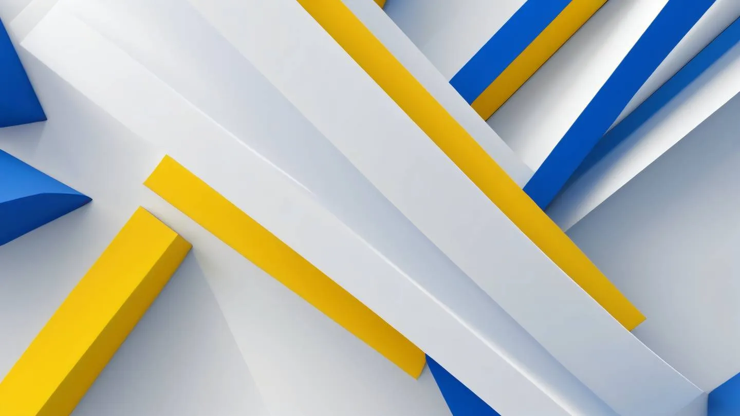 A minimalist abstract geometric composition featuring interlocking shapes and flowing lines dominated by sunshine yellow and sapphire blue colors. Shot from top-down perspective capturing the sense of structure and organization. high-quality ultra-realistic cinematic 8K UHD high resolution sharp and detail