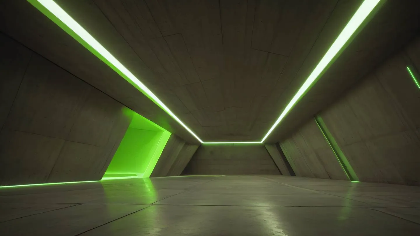 Modern concrete architectural elements with clean lines and geometric patterns bathed in contemporary brown and fluorescent green lighting. Shot from a low angle perspective emphasizing the structural harmony. high-quality ultra-realistic cinematic 8K UHD high resolution sharp and detail