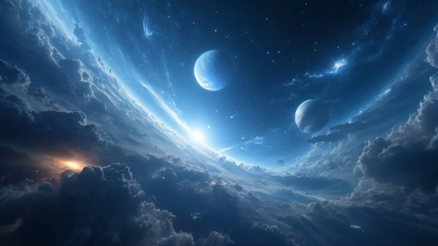 Ethereal space art featuring cosmic clouds and celestial bodies in light blue and cobalt colors with geometric patterns emerging from the chaos. Captured from a wide-angle perspective showing the vastness of space. high-quality ultra-realistic cinematic 8K UHD high resolution sharp and detail