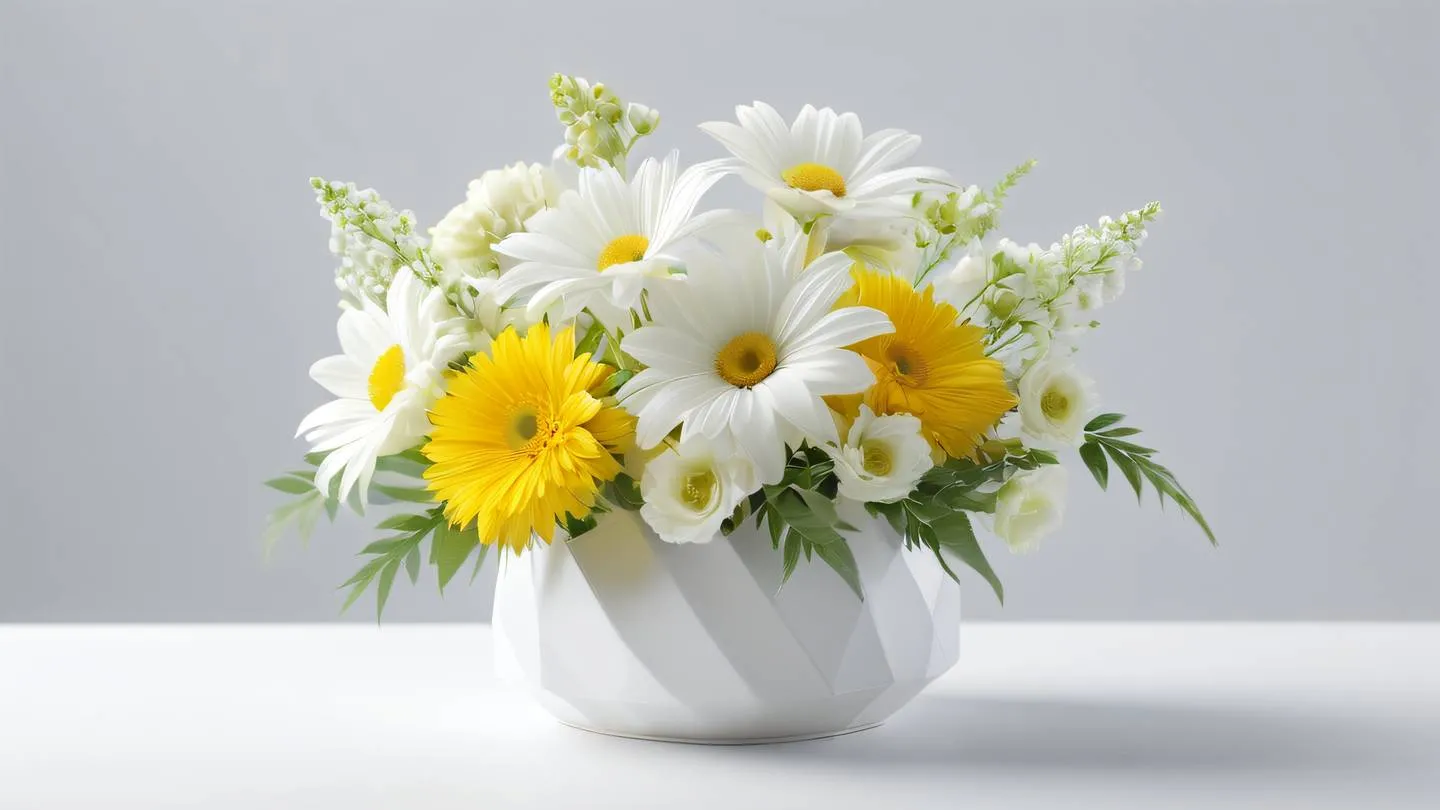 Pristine white flower arrangement with geometric elements and sunshine yellow accents composed against a clean background. Photographed from a 45-degree angle to showcase depth and arrangement. high-quality ultra-realistic cinematic 8K UHD high resolution sharp and detail