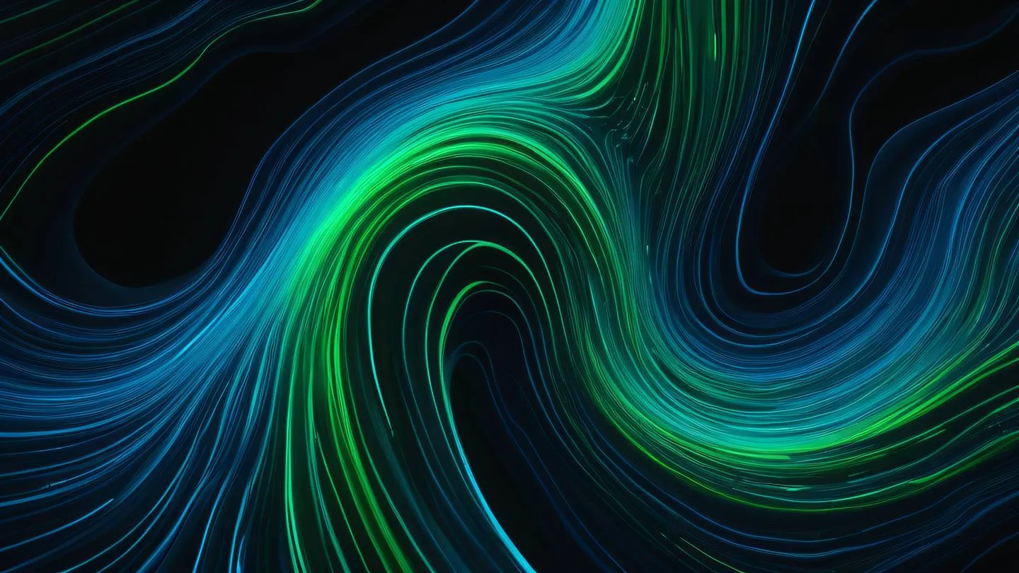 Abstract fluid flowing pattern resembling data streams and validation processes featuring bright electric blue and neon green colors swirling together against a dark background shot from top-down perspective high-quality ultra-realistic cinematic 8K UHD high resolution sharp and detail