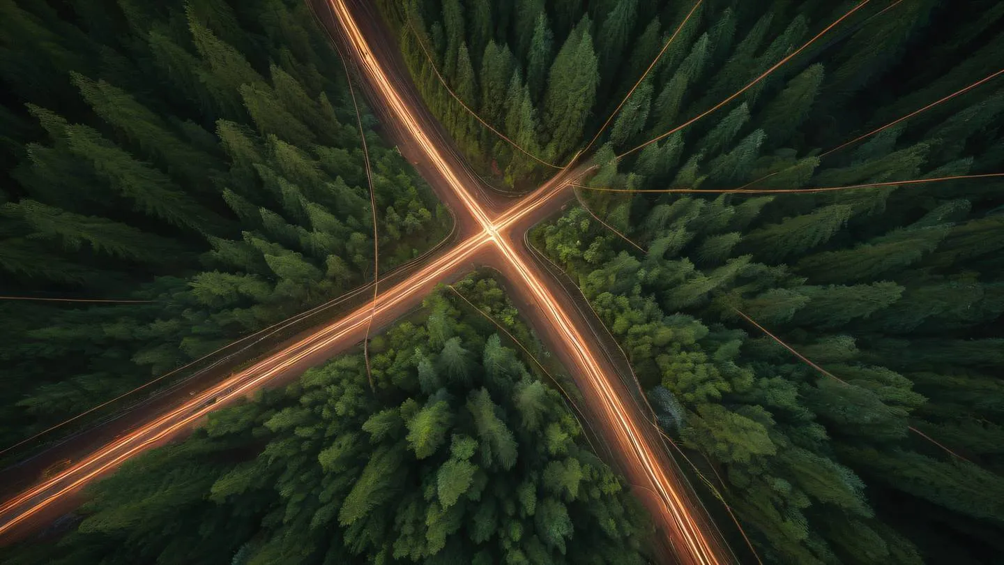 Geometric network of interconnected nodes with flowing light trails between them dominant colors of rustic terracotta and forest green captured from a diagonal angle looking upward high-quality ultra-realistic cinematic 8K UHD high resolution sharp and detail