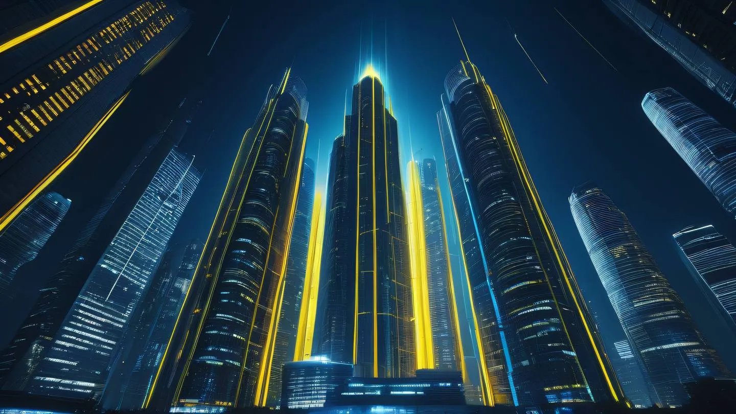 Futuristic cityscape with data streams flowing through buildings featuring bright neon yellow and dark blue gradient colors photographed from a low angle perspective looking up at towering structures high-quality ultra-realistic cinematic 8K UHD high resolution sharp and detail