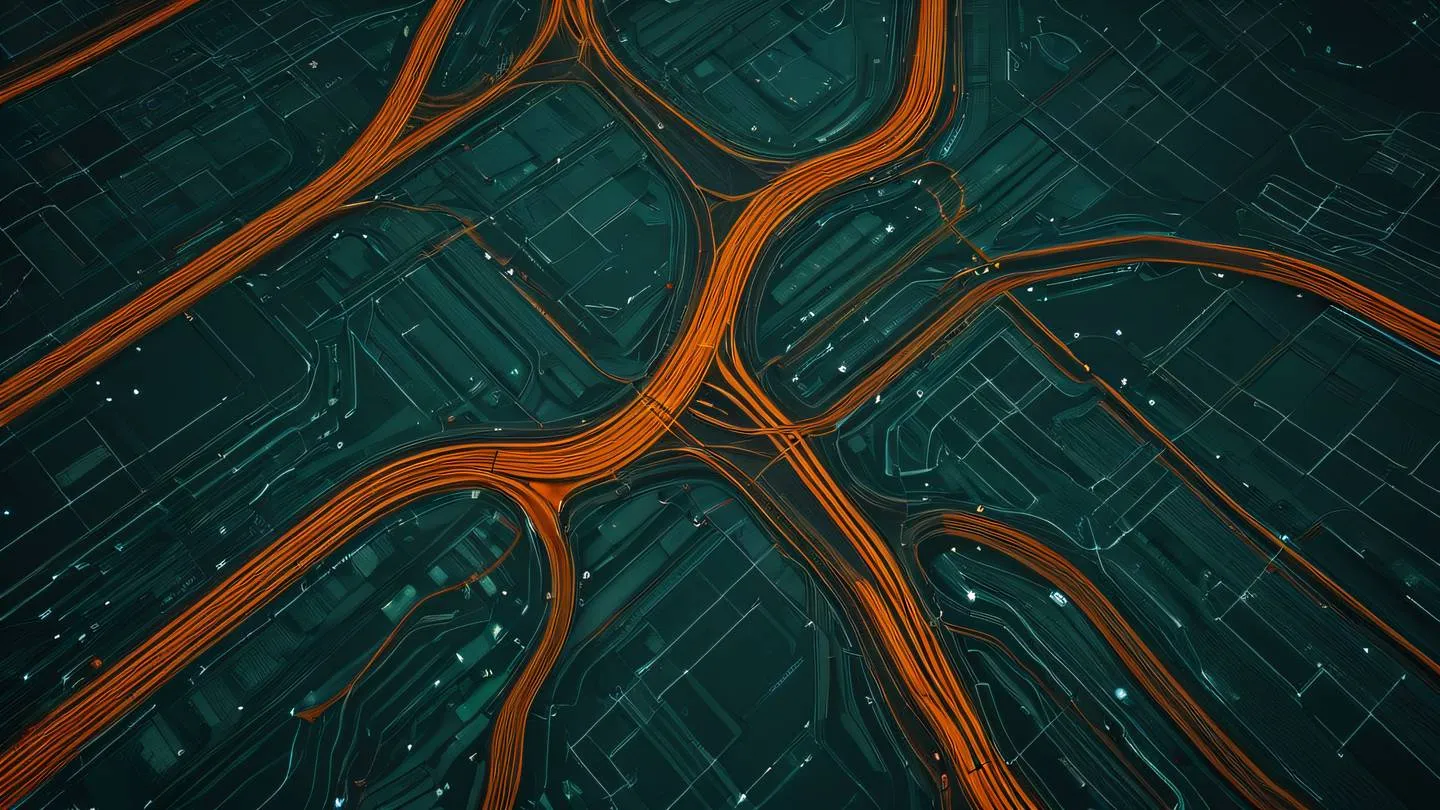 Abstract geometric shapes representing data validation flow with bright orange and dark green color scheme flowing like a river through space captured from a bird's eye view perspective high-quality ultra-realistic cinematic 8K UHD high resolution sharp and detail