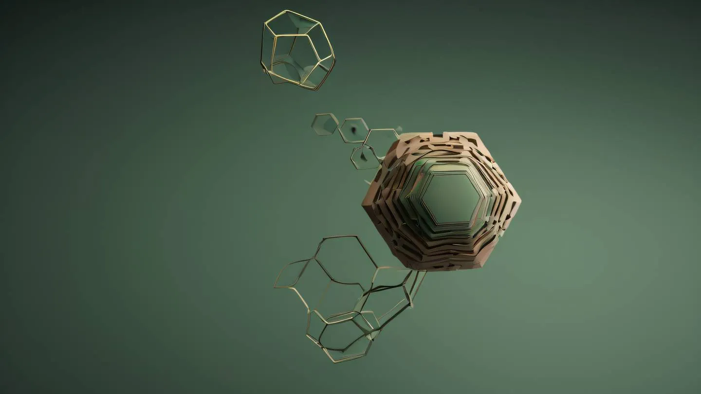 A floating geometric abstract shape representing data validation featuring interconnected hexagons and flowing lines in natural earthy tones of sage green and warm brown camera angle: straight on ultra-realistic cinematic lighting 8K UHD high resolution sharp and detailed