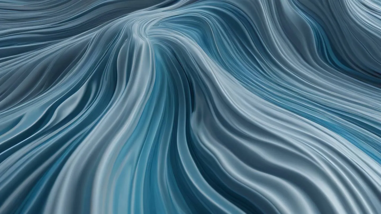 Abstract fluid motion capturing the concept of data transformation with smooth flowing liquid-like shapes in iridescent silver and stone blue tones camera angle: top-down aerial view high-quality ultra-realistic cinematic 8K UHD high resolution sharp and detail