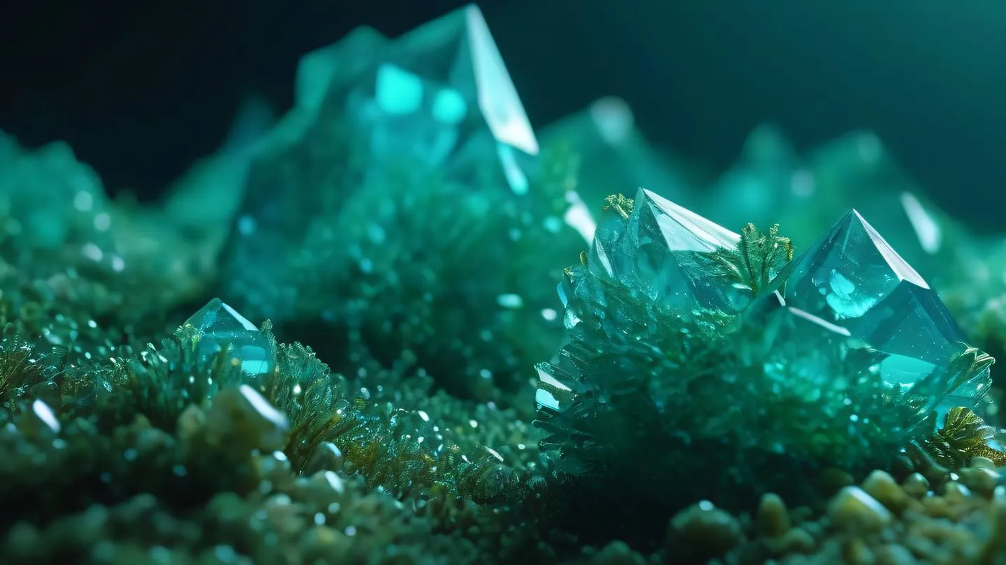 Geometric crystal formations representing data structures with sharp angular shapes in seaweed green and bright turquoise colors camera angle: low angle perspective high-quality ultra-realistic cinematic 8K UHD high resolution sharp and detail