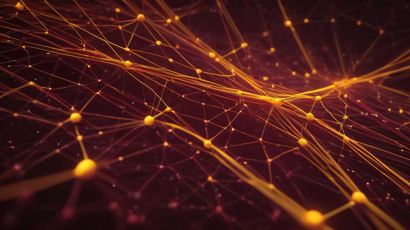 Abstract network of connected nodes representing data flow with dynamic lines and patterns in maroon and bright amber colors camera angle: dutch angle (tilted) high-quality ultra-realistic cinematic 8K UHD high resolution sharp and detail